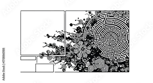 Intricate maze and organic abstract shapes blooming against a blank space for text