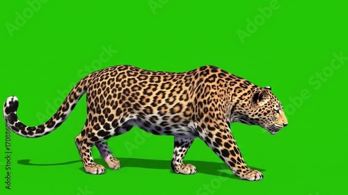 A realistic 3D image of a walking leopard against a green screen background with a shadow underneath.