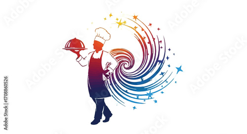 Skilled chef presents a gourmet dish with a flourish of colorful culinary magic