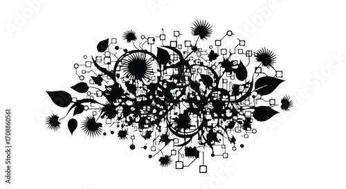 Intricate black organic abstract design with delicate floral and technological elements on white background