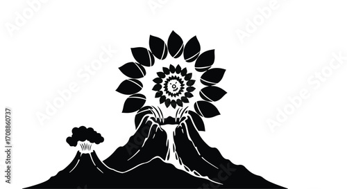 Stylized volcano erupts with a vibrant, sun-like bloom against a clean background.
