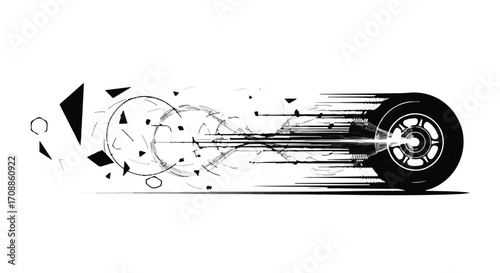 Dynamic tire motion blurs into abstract fragments, conveying speed and energy.