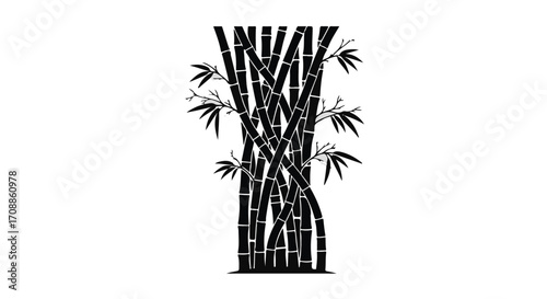 Stylized black bamboo stalks with delicate green leaves against a white background