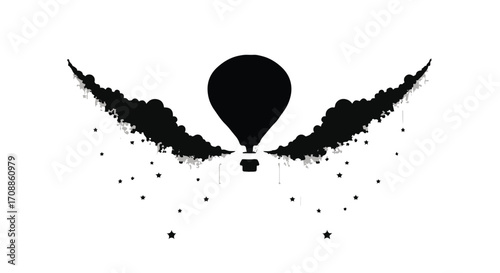 Silhouette of a hot air balloon emerging from dark, wispy clouds, symbolizing dreams taking flight.