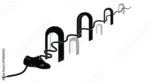 Abstract journey of a single shoe through a path of archways