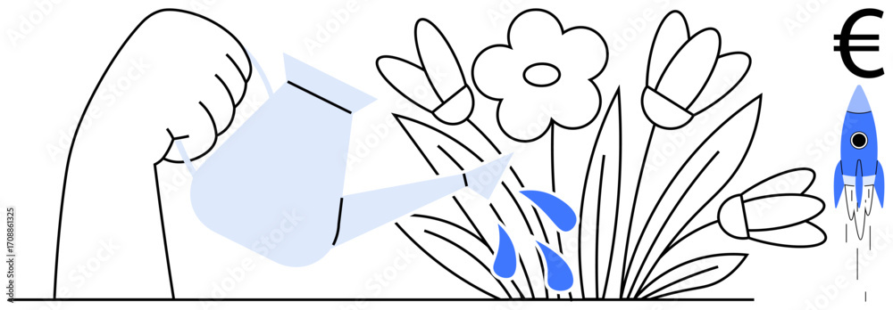Obraz premium Hand watering blooming flowers representing growth and nurturing. Includes a financial symbol and a rocket for success and innovation. Ideal for business, growth, startup, investment, finance