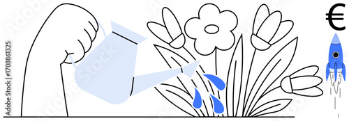 Hand watering blooming flowers representing growth and nurturing. Includes a financial symbol and a rocket for success and innovation. Ideal for business, growth, startup, investment, finance