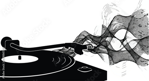 Retro turntable emitting abstract sound waves, symbolizing audio or music creation.