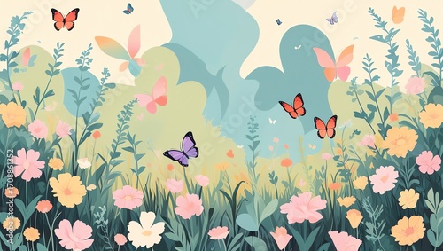 A lush meadow filled with colorful flowers and vibrant butterflies under a pastel sky
