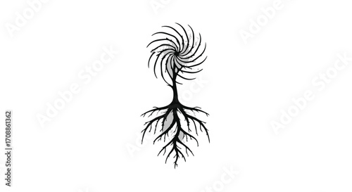 Abstract spiral tree with strong roots, symbolizing growth and connection.