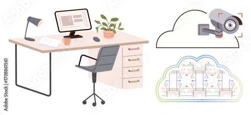Office desk with computer, documents, lamp, chair, and plant alongside cloud storage, a security camera, and circuit diagram. Ideal for tech, security workspace data connectivity innovation