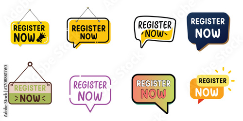 Collection of eight colorful and diverse speech bubble and sign style register now buttons and icons for online registration and call to action