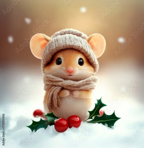 A cute mouse in a knitted hat and scarf stands in the snow with holly berries