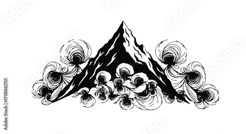 Majestic mountain peak emerging from swirling abstract clouds with dramatic ink style