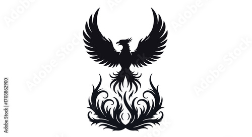 Majestic phoenix silhouetted against a bright background, rising from stylized flames.