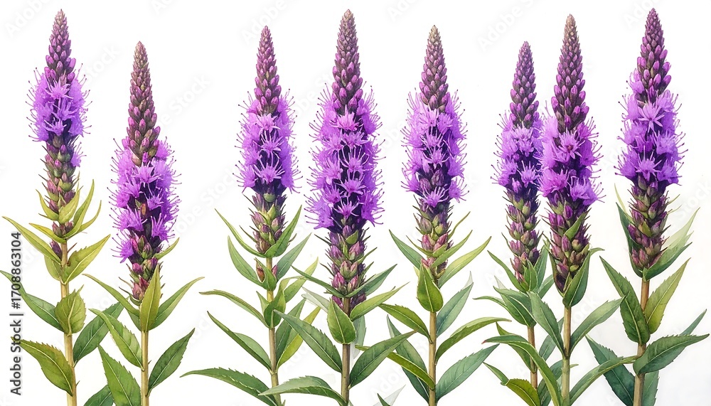 Naklejka premium A collection of vibrant purple flowers with spires of delicate blooms, set against a pure white background.