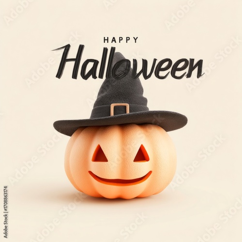 A smiling pumpkin in a black witch's hat with the words 