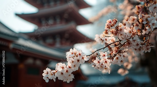 Cherry blossom season in japan with pagoda background for travel and tourism photography in spring time