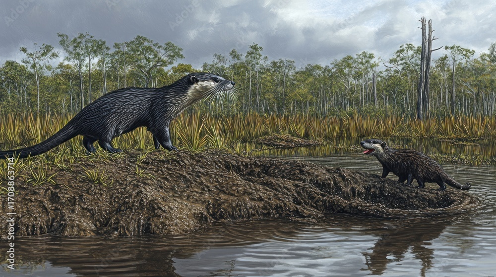 Fototapeta premium Two Giant Otters in a Prehistoric Swamp Landscape, Detailed Illustration