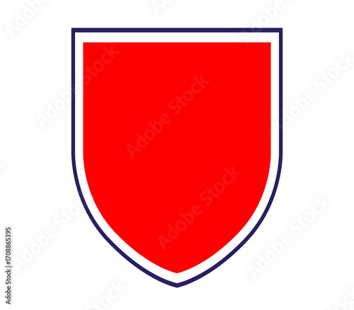 Red shield illustration with blue and white border