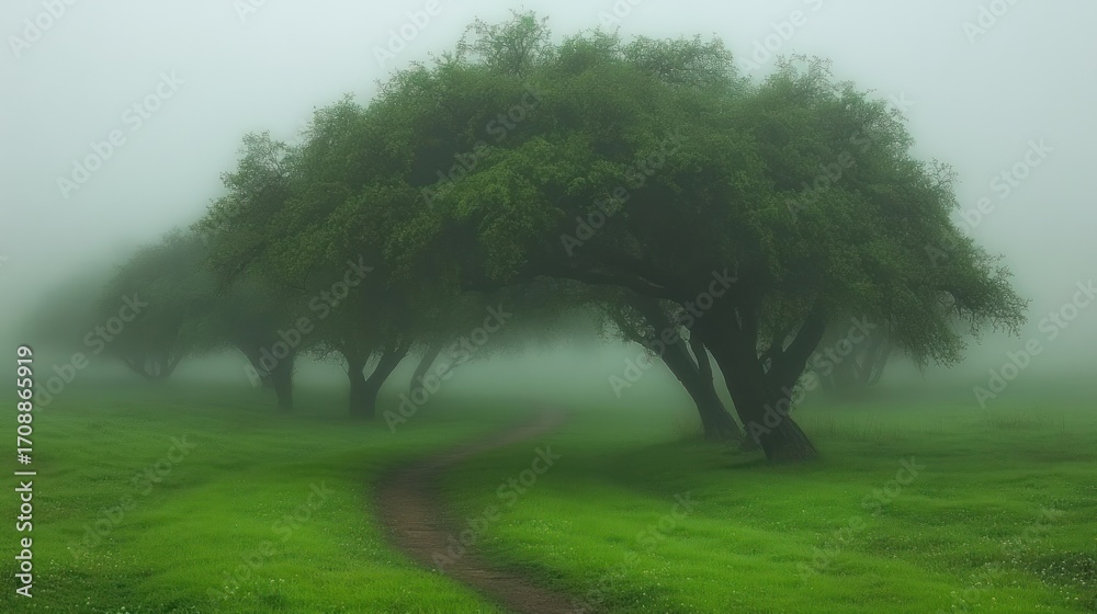Fototapeta premium Misty Morning Stroll Through a Lush Green Meadow