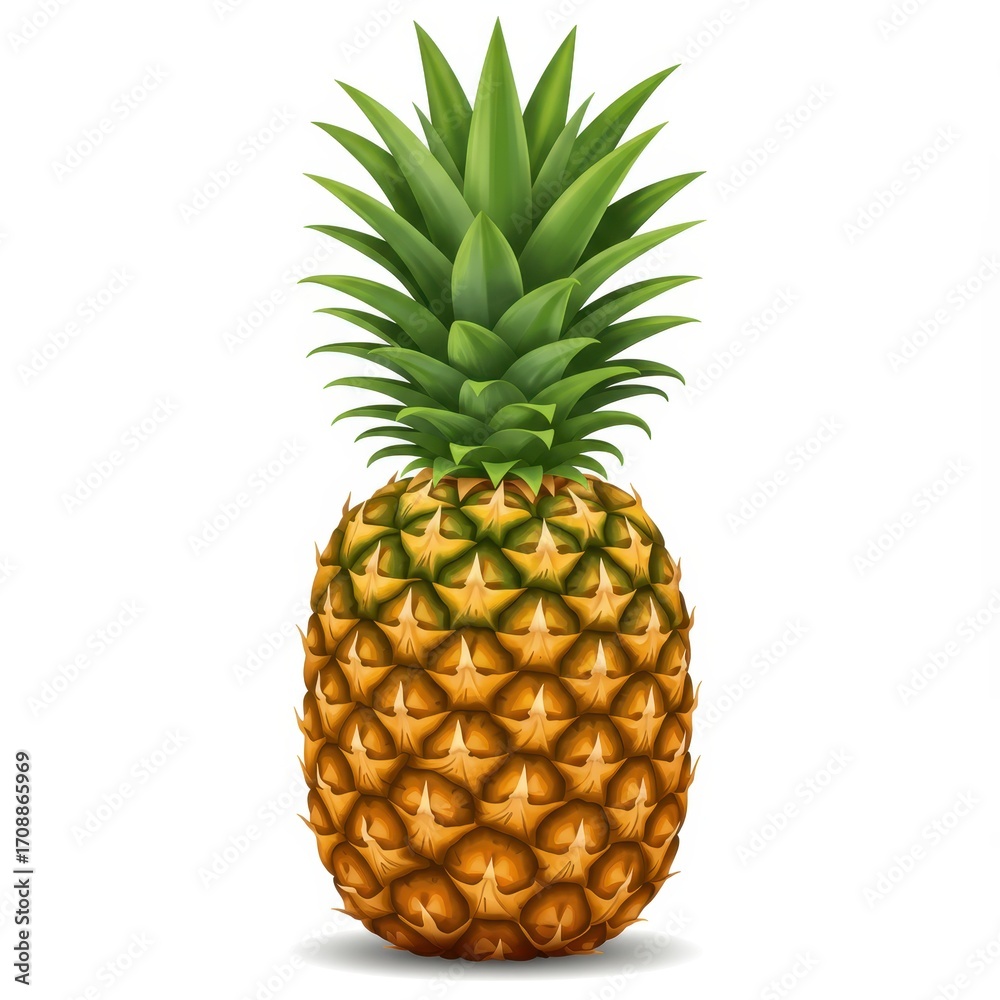 Fototapeta premium Perfectly Ripe Golden Pineapple with a Lush Green Crown, Isolated on a Clean White Background.