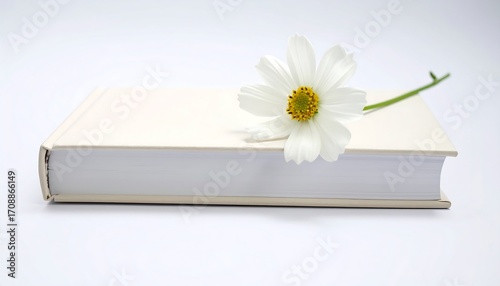 White Cosmos Flower Resting on a Cream-Colored Book
