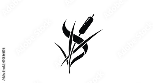 Stylized silhouette of cattails and reeds on a white background