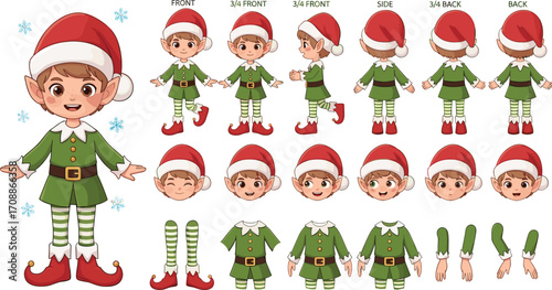 Festive Animated Elf Character Sheet with Multiple Poses and Expressions