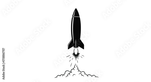 Sleek black rocket blasting off with fiery exhaust against a clean white background