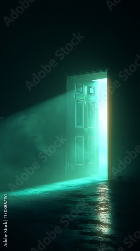 Open door with bright light shining through in dark room concept photography for background images