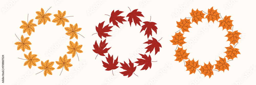 Fototapeta premium Autumn wreaths with colorful leaves. Decorative fall circle frames. Vector illustration isolated on white background.
