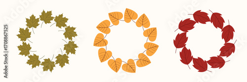 Autumn wreath collection with maple and linden leaves. Fall seasonal circle frames. Vector illustration isolated on white background.
