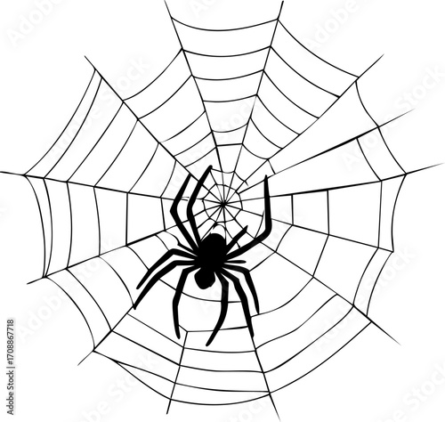 Black silhouette of a spider on a large web. Vector illustration on a Halloween theme