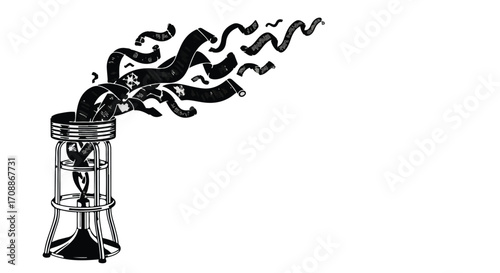 Black ribbons burst from a metallic dispenser, creating a dynamic, abstract pattern against a white background.
