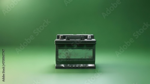 A weathered, grey car battery sits centrally against a muted green backdrop, subtly lit from above, displaying wear and minor corrosion