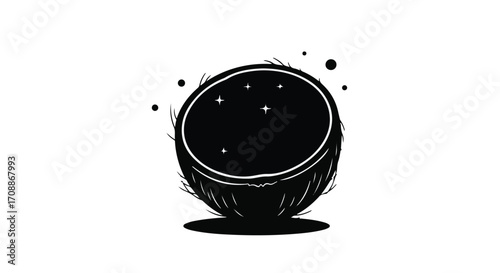 Whimsical illustration of a halved coconut with starry night sky inside, on a white background.