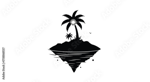 Whimsical floating island paradise with palm trees under a radiant sun.