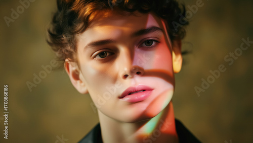 Artistic Portrait of Young Man with Colorful Light and Shadows