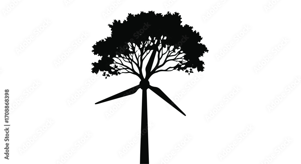 Fototapeta premium Tree merges with wind turbine, symbolizing renewable energy and nature's harmony.