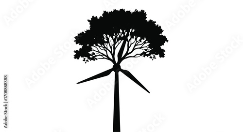 Tree merges with wind turbine, symbolizing renewable energy and nature's harmony.