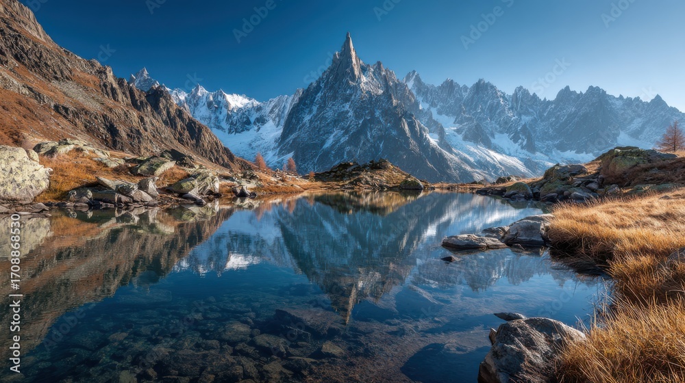 Naklejka premium Majestic Mountain Peak Reflected in Clear Lake, Snow-Capped Peaks and Golden Grass – Serene Wilderness Landscape, Perfect for Nature and Adventure Photography