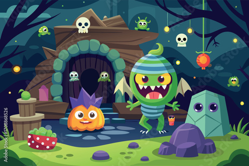 Spooky halloween vector illustration with cute monsters and haunted house scalable graphic