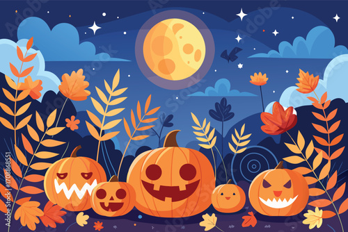 Spooky halloween night vector illustration with jack-o'-lanterns and full moon