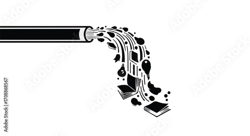 Information flowing from a pipe, transforming into books and abstract shapes, symbolizing knowledge and data transfer.