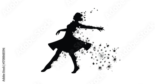 Silhouette of a graceful dancer with a swirling skirt and scattered particles