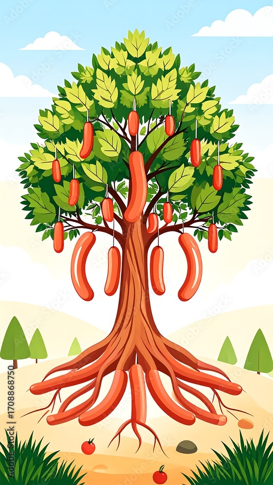 Naklejka premium A whimsical tree with sausages as fruit and roots