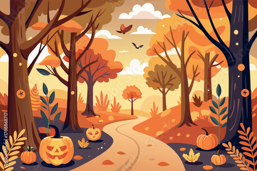 Vector illustration of a spooky halloween autumn forest path with pumpkins and bats