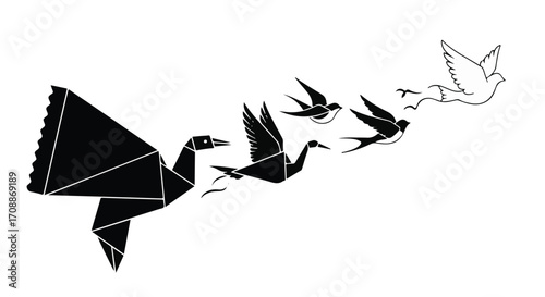 Origami crane transforms into soaring birds symbolizing freedom and transformation