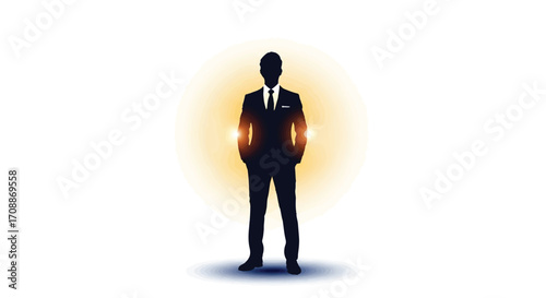 Silhouette of a confident businessman standing with hands in pockets, illuminated by a warm glow.